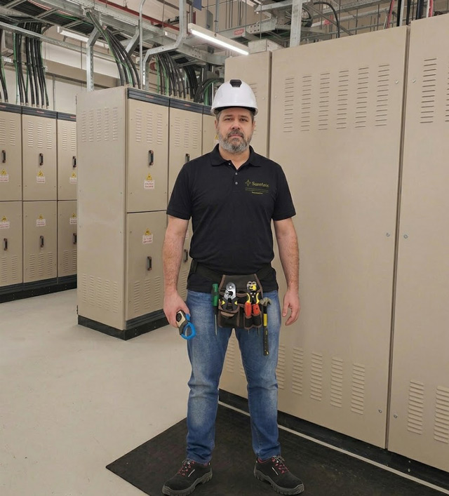 Celso Rogerio Pecuraro, responsável técnico da Iluminic, de capacete e cinto de ferramentas em uma sala de painéis elétricos