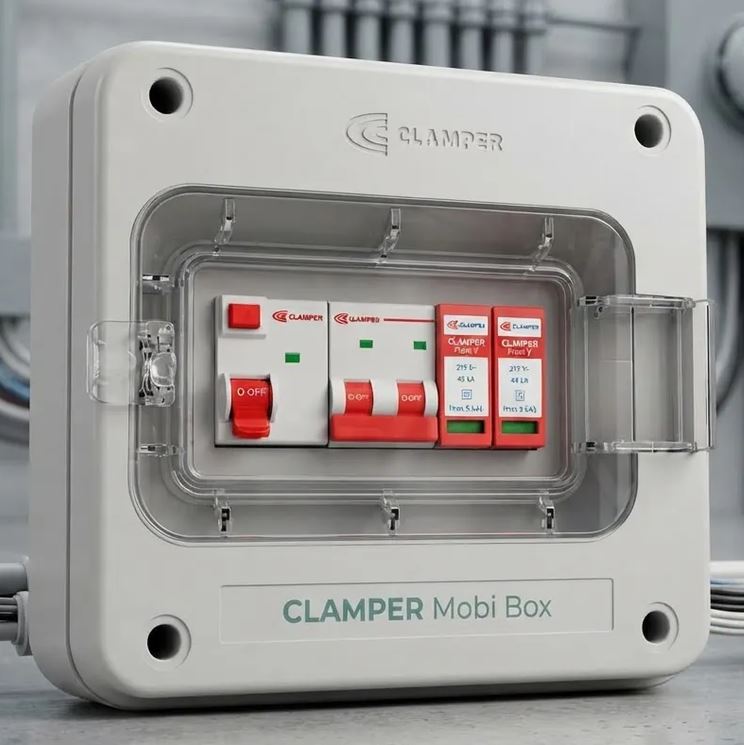 Quadro Clamper Mobi Box na cor branca, com disjuntor, DR e dois módulos de DPS visíveis atrás da tampa transparente