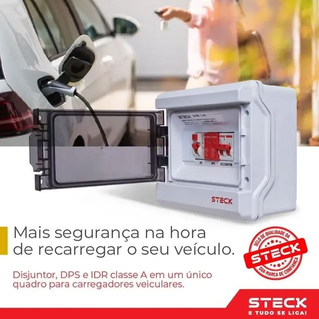 Quadro protetor de carregador veicular da Steck, com disjuntor, DPS e DR tipo A