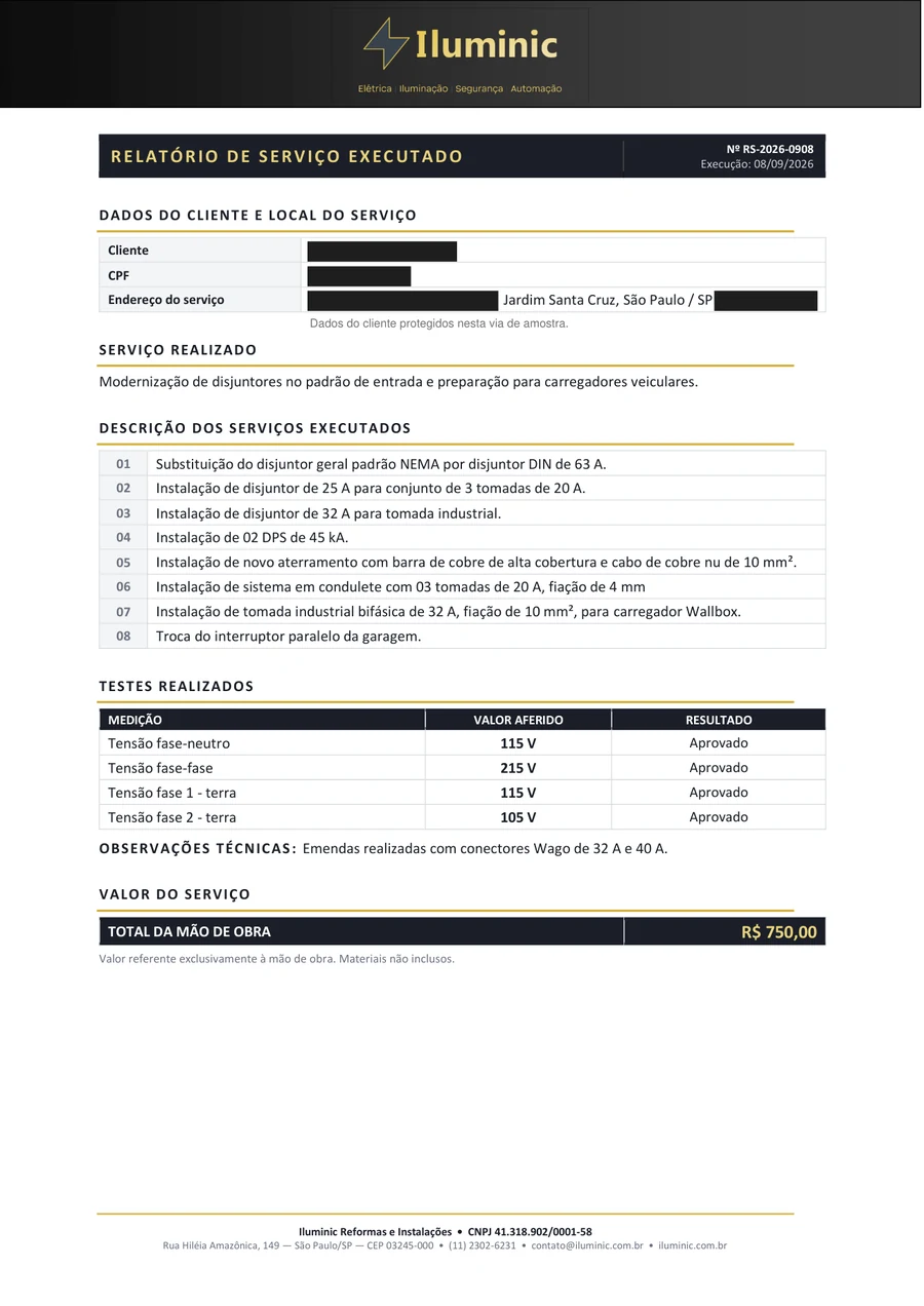 Primeira página do relatório de serviço executado da Iluminic, com a lista dos serviços, a tabela de medições com os valores aferidos e o valor da mão de obra; os dados do cliente aparecem tarjados
