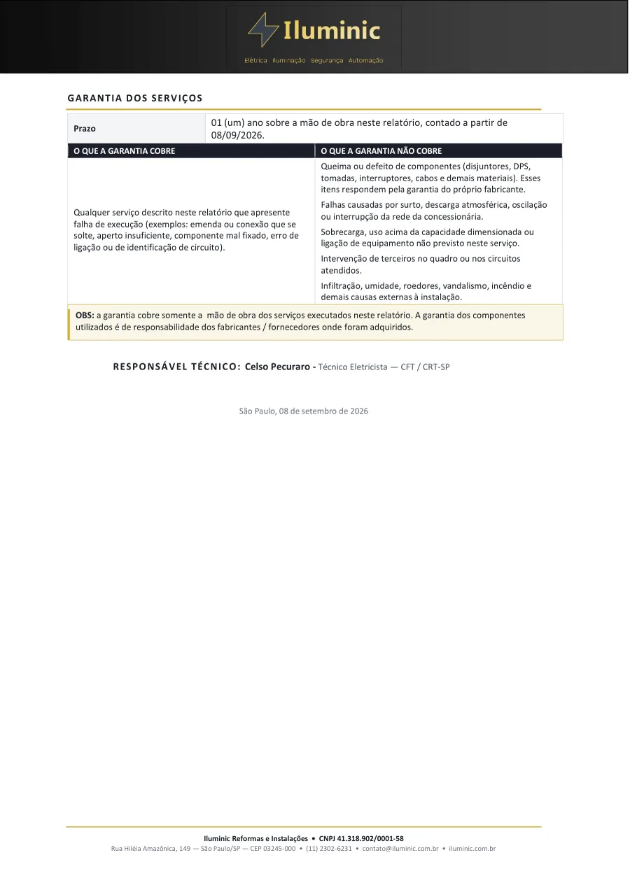 Segunda página do relatório, com o termo de garantia de um ano, o que a garantia cobre e não cobre, e o responsável técnico com registro no CFT / CRT-SP